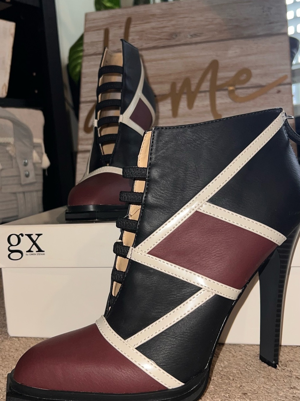 GX by Gwen Stefani Black, Burgundy and Cream High-Heel Ankle Boots